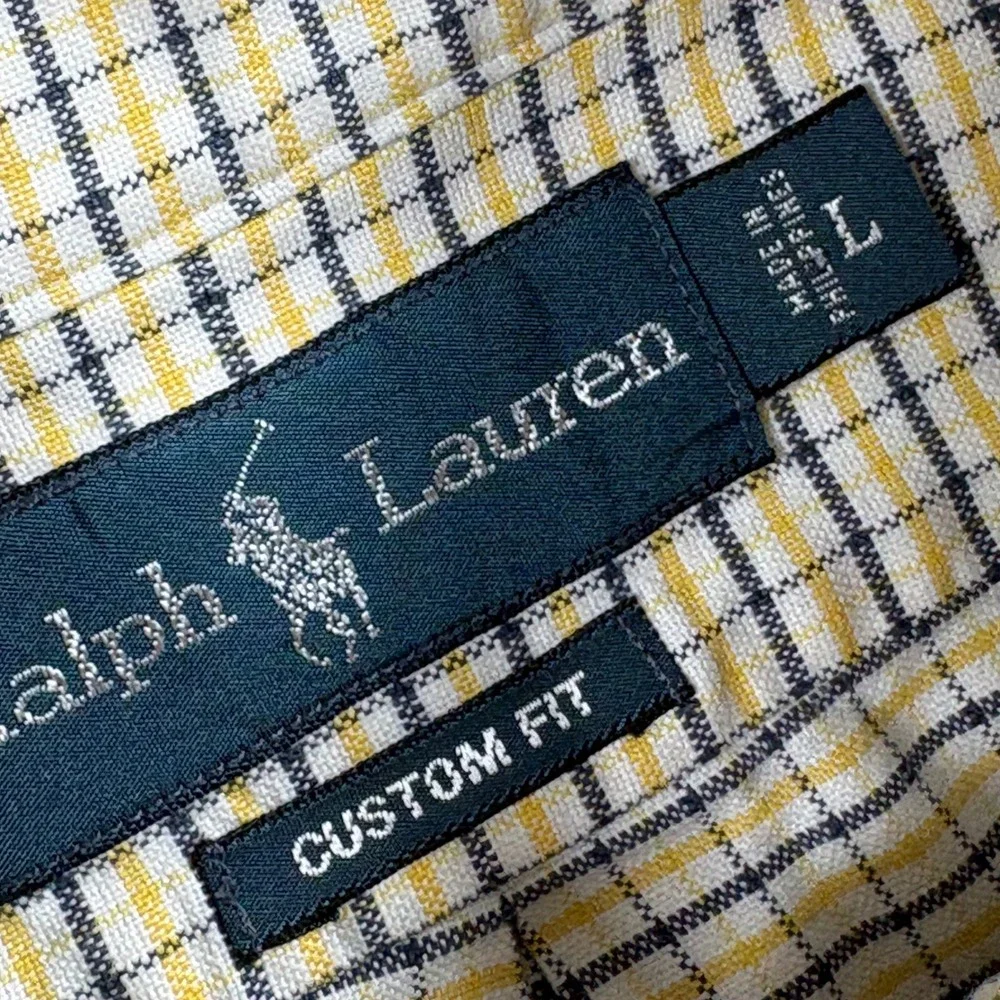 Polo Ralph Lauren Mens Custom Fit Button Down Shirt Yellow Navy Check Large